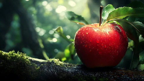 Red apple with water droplets rests on mossy tree branch