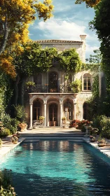 Mediterranean villa garden frames sunlit turquoise pool