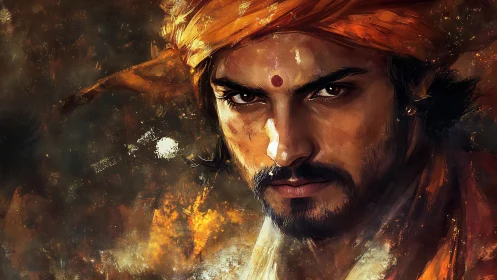 Fiery portrait of a determined warrior in swirling embers