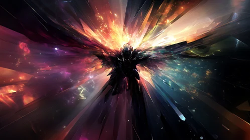 Celestial humanoid silhouette in radiant prismatic explosion.