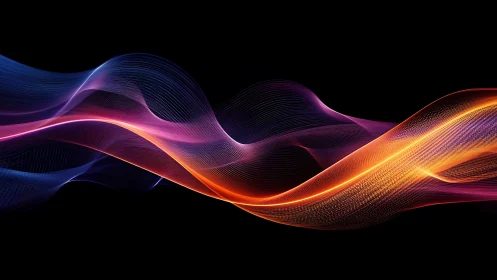 Vibrant neon light waves flow across deep black space.