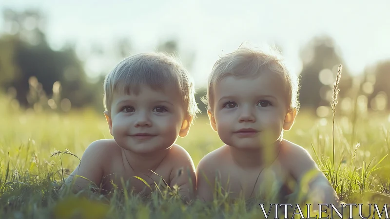 Two Toddlers in Sunlit Grass Field