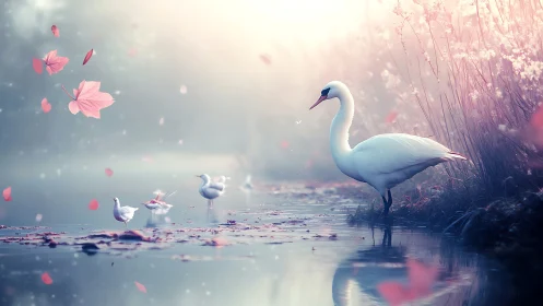 White swan stands in misty lakeside scene with pink leaves