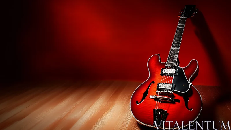Semi-hollow red electric guitar under directional studio lighting.