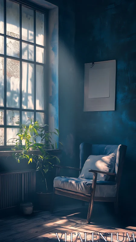 Sunlit armchair by tall window in moody blue interior.