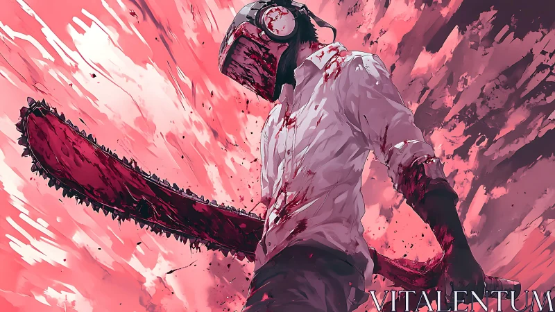 Chainsaw warrior stands amid crimson explosive motion.