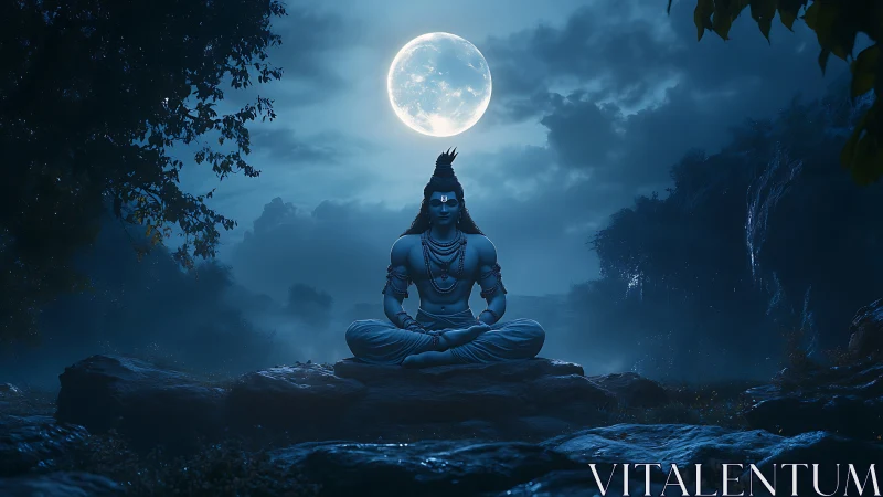 Lunar-illuminated meditative deity under volumetric moonlight.