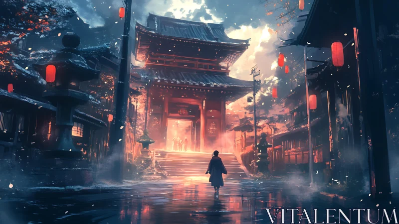 Mystic lantern path toward glowing temple gate at dusk.