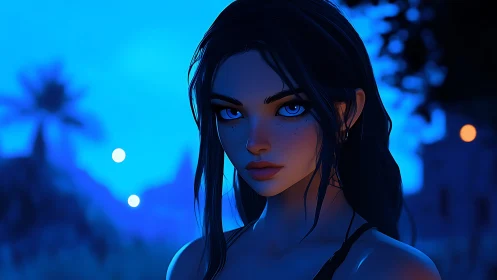 Cyan-lit female portrait with high-contrast rim lighting in dusk