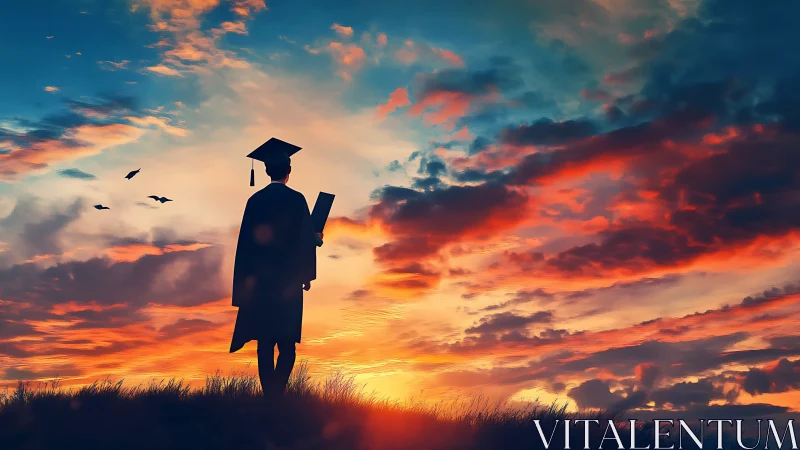 Graduate silhouette against blazing sunset horizon sky.