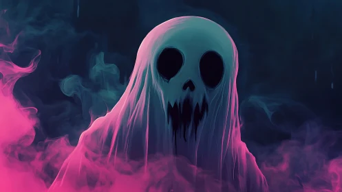 Neon shrouded spectral figure in pink fog with hollow eyes