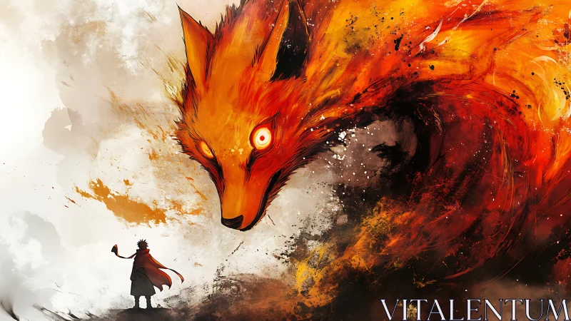 Fiery fox spirit looming over lone cloaked figure.