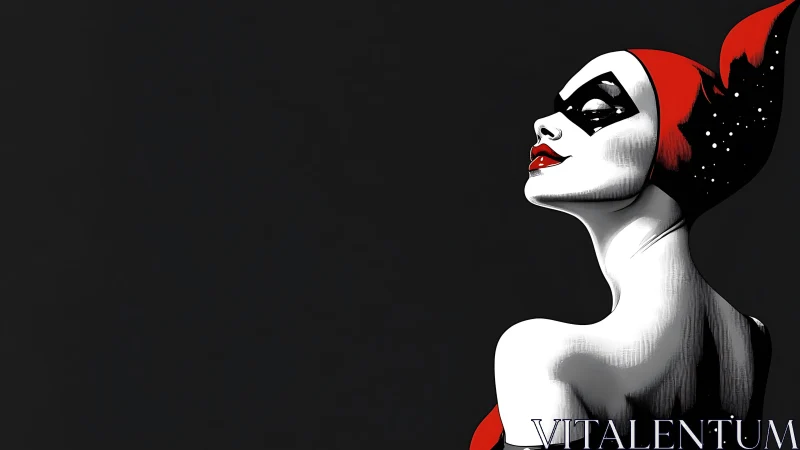 Stylized masked woman in profile against flat black background