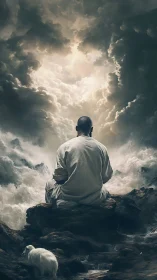 Solitary figure seated before stormy sky and waters.