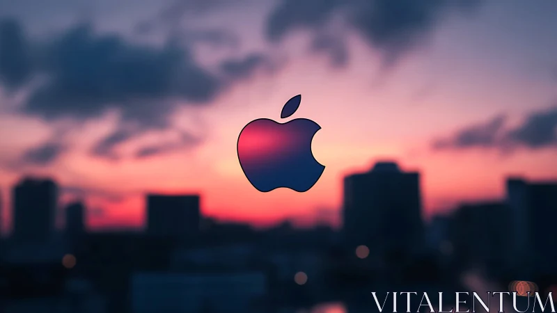 Apple-style sunset logo hovering above dreamy city glow.