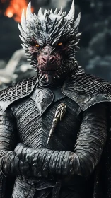 Armored dragon warrior in scorched battlefield haze.