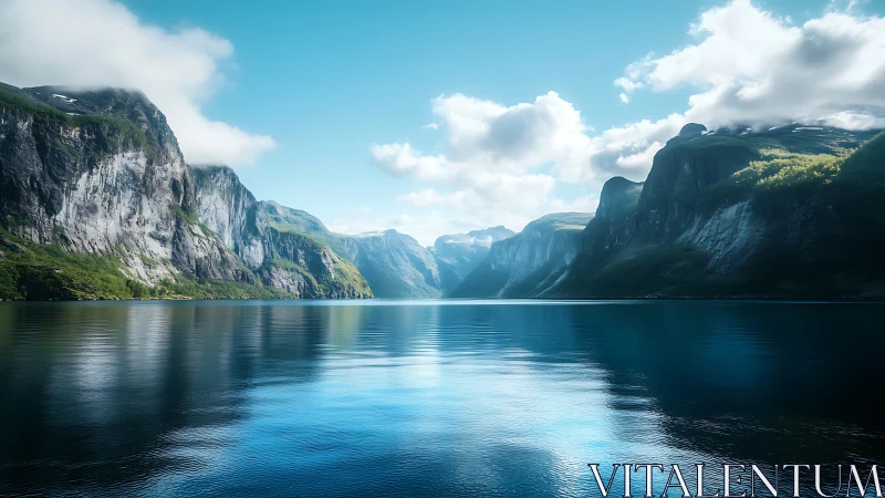 Gentle fjord mountains cradle a calm blue lake in sunlight