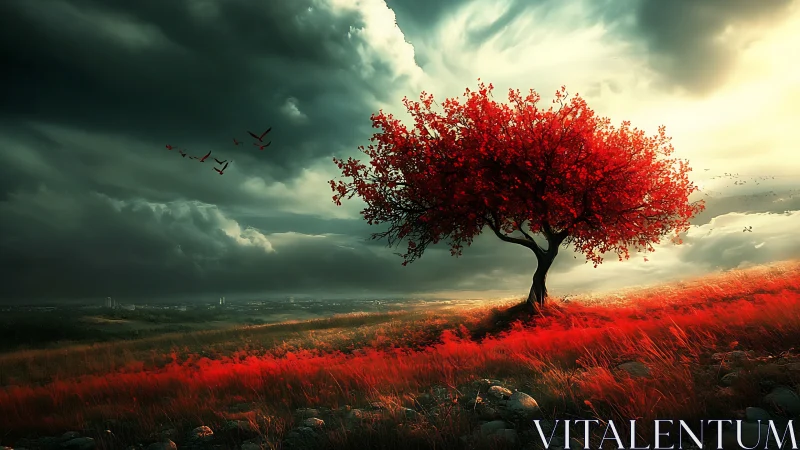 Solitary crimson tree burns bright beneath a storm sky