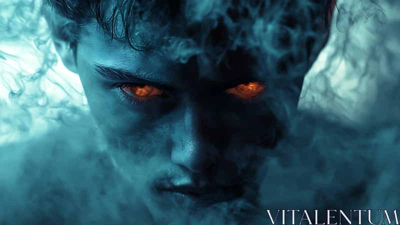 Demonic gaze burns through swirling teal cinematic smoke.