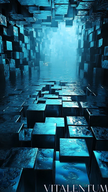 Submerged crystalline cube corridor with volumetric blue light.