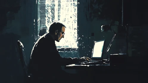 Backlit programmer types at laptop in high contrast chiaroscuro workspace