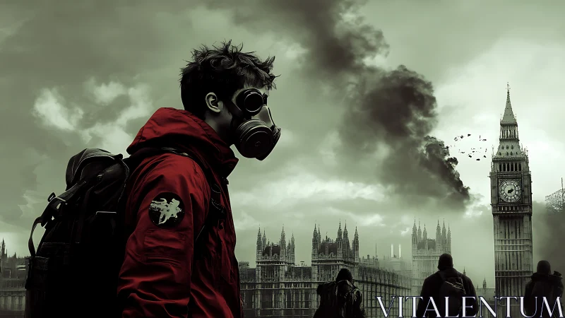 Wanderer in red jacket walks London&rsquo;s smoky skyline.