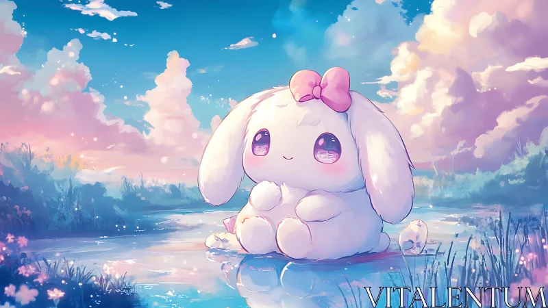 White cartoon rabbit with bow beside reflective water surface.