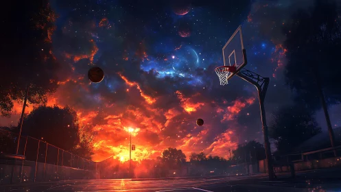 Cosmic twilight basketball court merges nebular sky with urban hardware