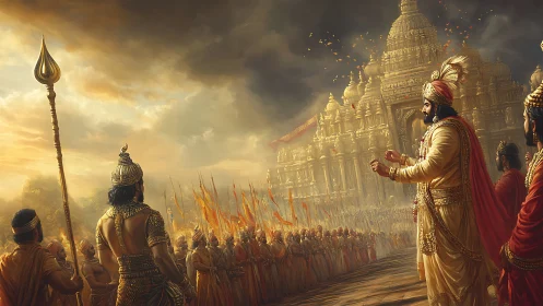 Sunlit war council breathes before the golden temple storms