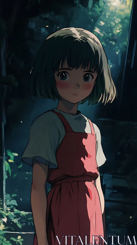 Quiet forest doorway with a gentle, wide eyed girl.