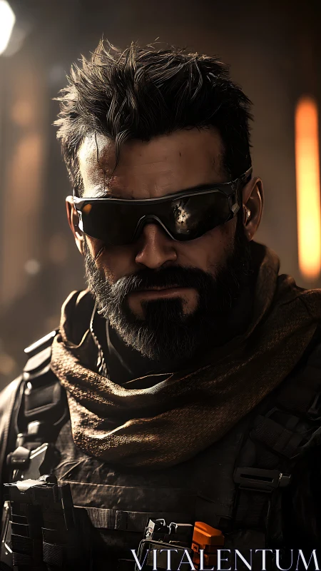 Bearded tactical soldier in sunglasses facing camera directly