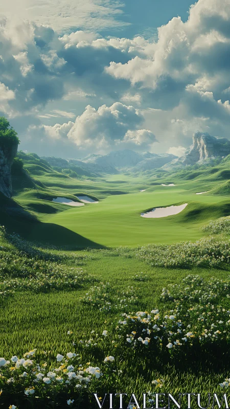 Sunlit mountain golf fairway stretches between wildflower slopes