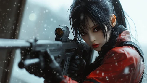 Armed woman aiming rifle in snow with intense gaze.