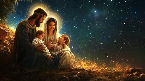 Holy family under starlit sky in glowing sacred embrace.