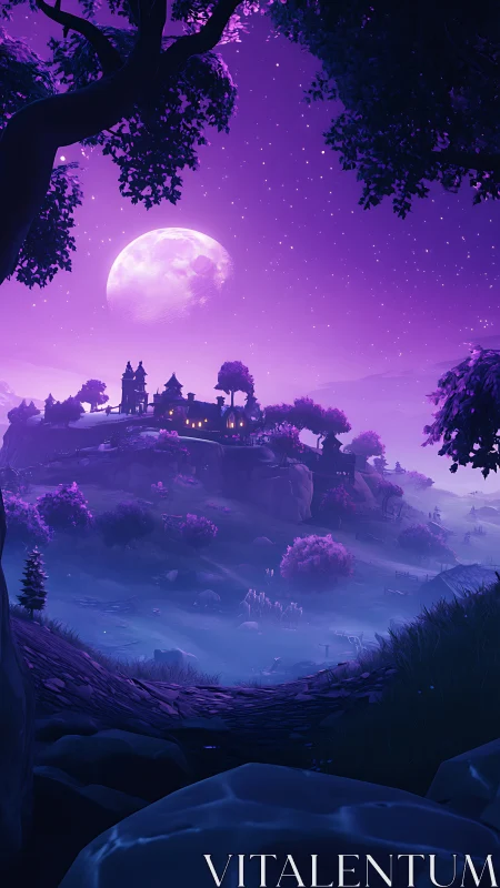 Lunar-illuminated violet valley with silhouetted hilltop village.