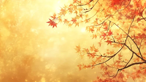 Golden backlit maple branches display glowing autumn leaves