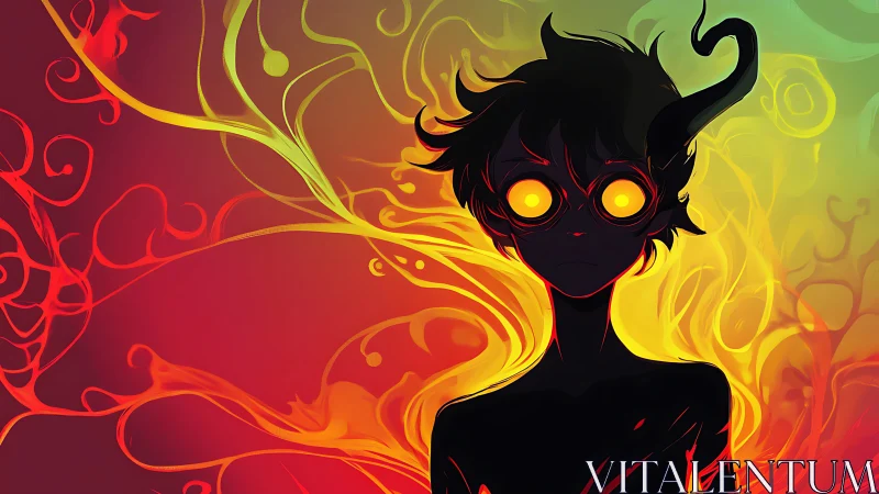 Horned ember child staring through molten sunrise colors.