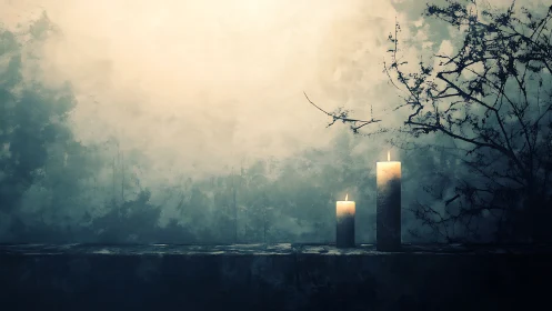 Moody candlelit still life on desaturated textured wall plane.