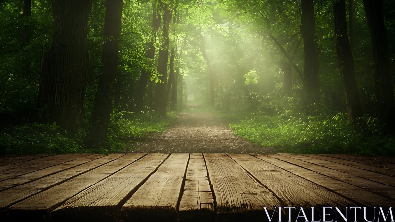 Forest Pathway with Wooden Platform: Luminous Atmospheric Perspective.