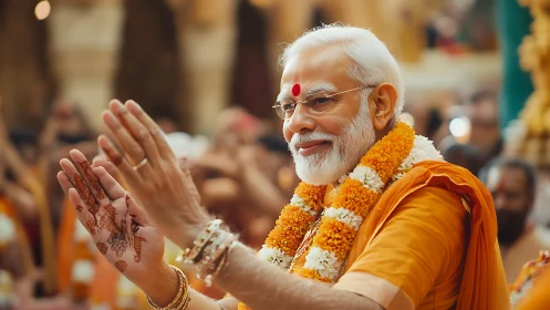 Elderly spiritual leader in saffron robes greeting crowd in focus