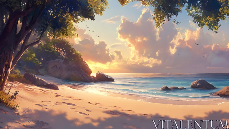 Golden Hour Paradise: Where Ancient Trees Embrace Endless Shores.