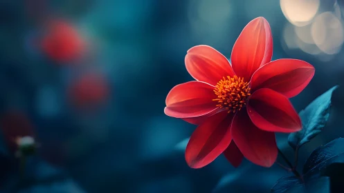 Red Dahlia Against Blurred Teal Background.