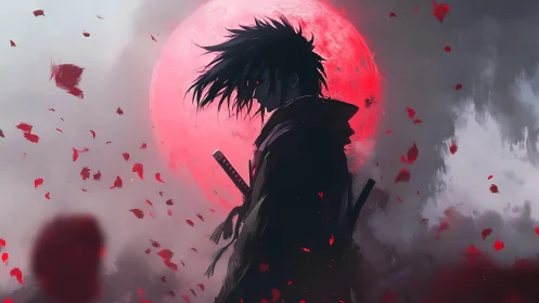 Lone anime swordsman stands before ominous crimson moon.