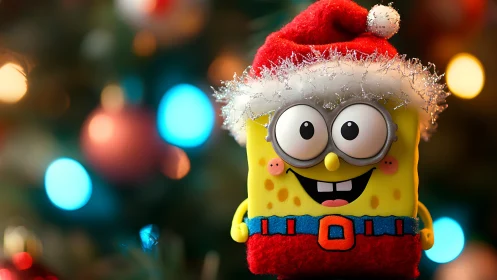 Sparkly-eyed sponge in Santa hat glows amid Christmas bokeh.