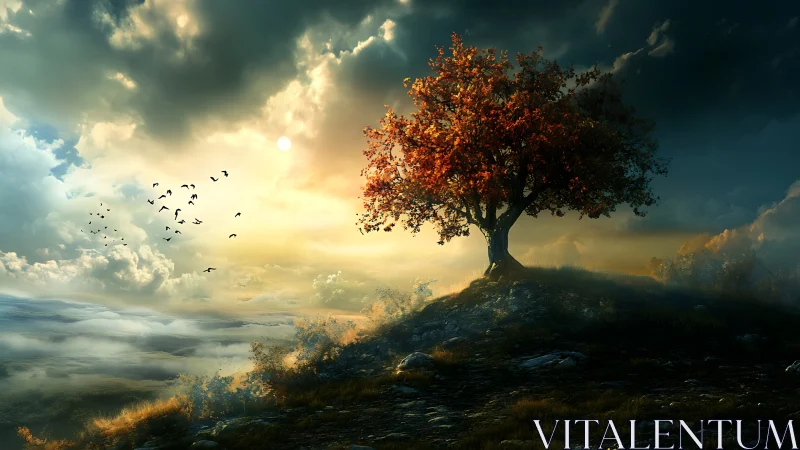 Solitary autumn tree crowned by glowing stormlit sunset.