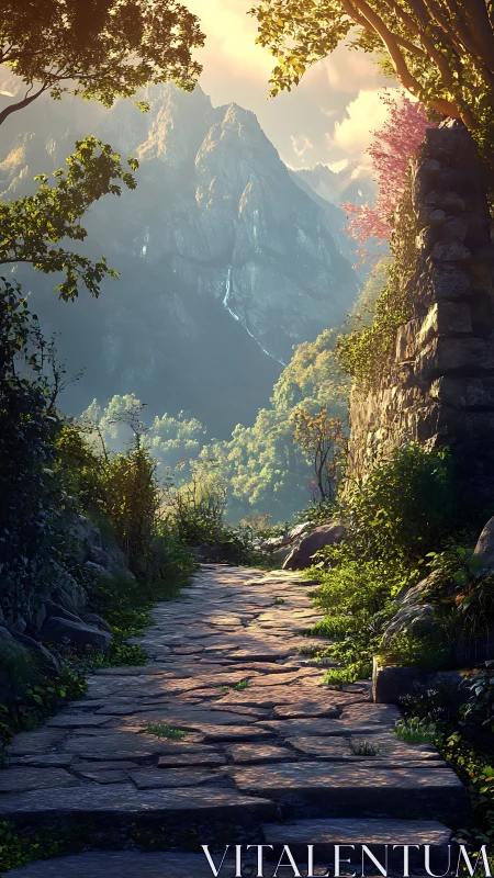 Sunlit stone path leads to distant alpine peaks and misty falls