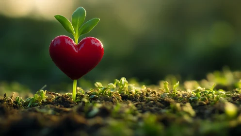 Heart-shaped object on soil with green foliage.