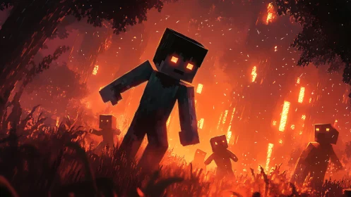 Pixel shadows roam through a blazing midnight forest.