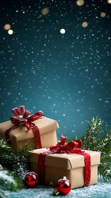 Snowy gift boxes glow softly in a cozy Christmas scene