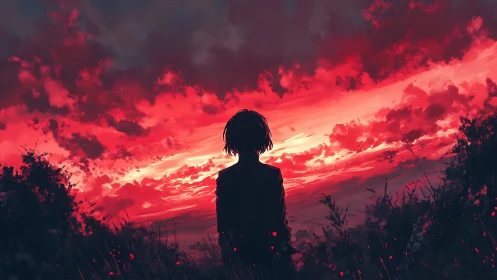 Silhouette observing intense red sunset sky from field.